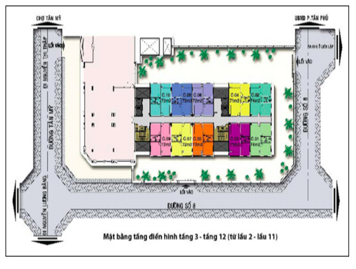 Mặt bằng tầng điển hình tầng 3 - tầng 12 (từ lầu 2 - lầu 11)