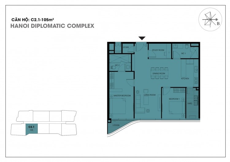 Căn hộ C2.1 – 105 m2 chung cư Han Jardin