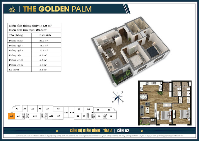 Thiết kế căn A2, 81m, tòa A – The Golden Palm