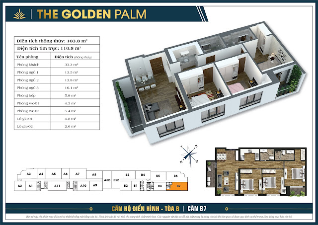 Thiết kế căn B7, 103m2, tòa B - The Golden Palm