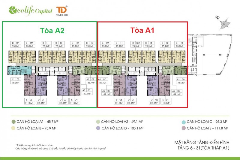 Mặt bằng thiết kế tòa A1 - A2 tầng 6 – 31