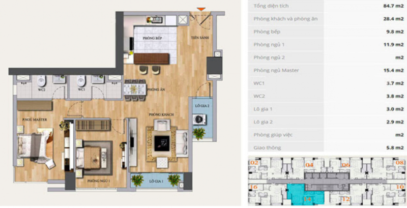 Thiết kế căn hộ 2PN – 2WC: 84.7 m2.