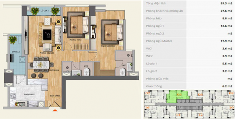 Thiết kế căn hộ 2PN – 2WC: 89.3 m2