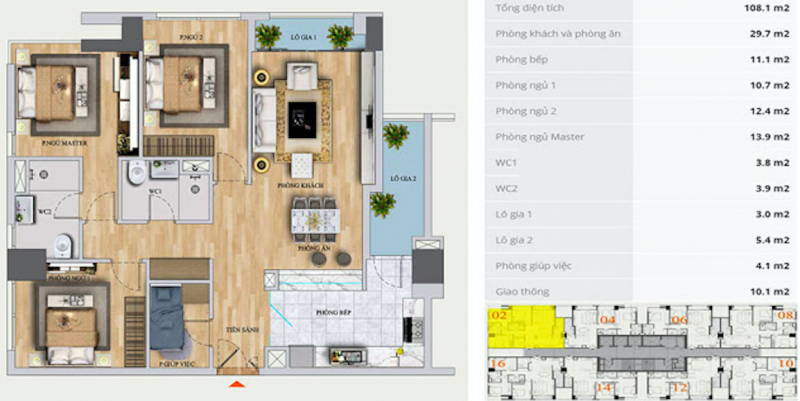 Thiết kế căn hộ 4PN – 2WC: 108.1 m2