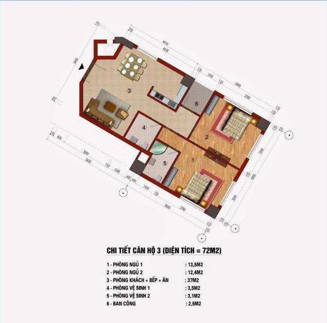 Thiết kế căn hộ 72m2 chung cư CT1 Trung Văn ( Căn số 03, 06, 09, 12, 16, 19 )