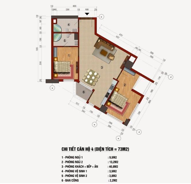 )  Thiết kế căn hộ 73m2 chung cư CT1 Trung Văn (Căn số 04, 05, 10, 11, 16,19)