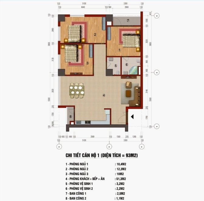 Thiết kế căn hộ 93m2 chung cư CT1 Trung Văn ( Căn số 01, 02, 07, 08, 14, 15)