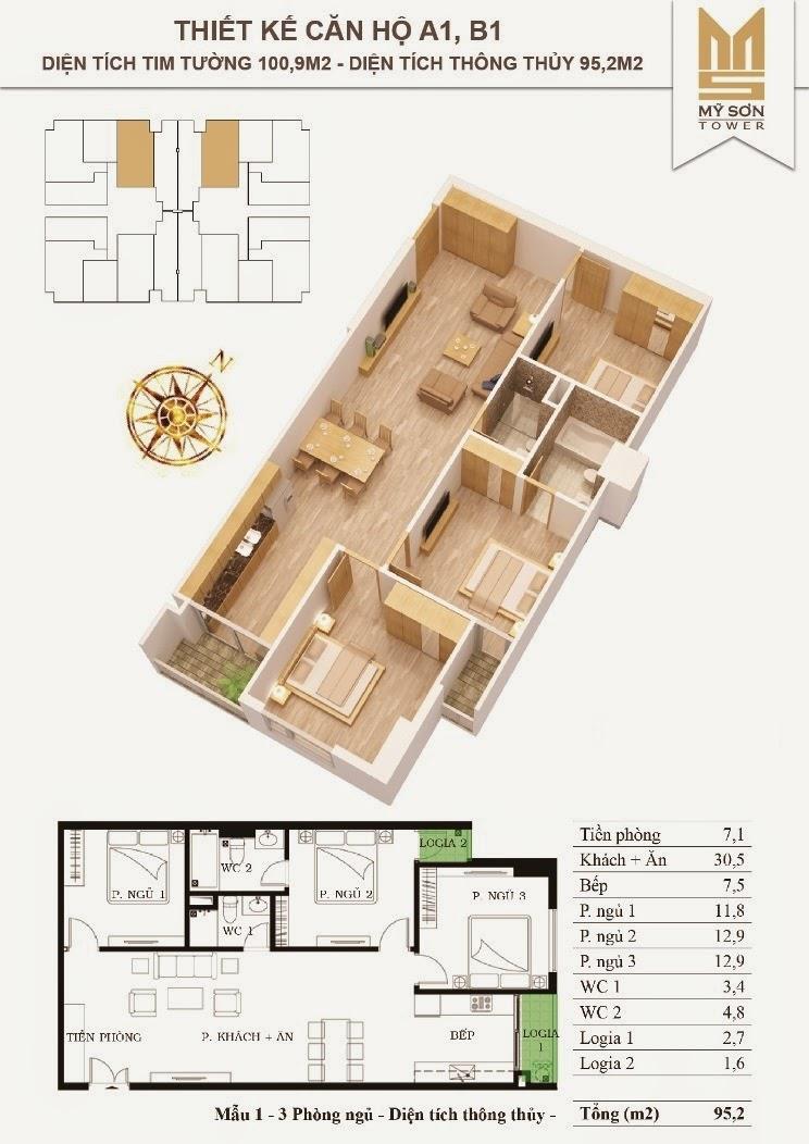  - Thiết kế căn hộ A1, B1, diện tích thông thủy 95.2m2, diện tích tim tường 100.9m2