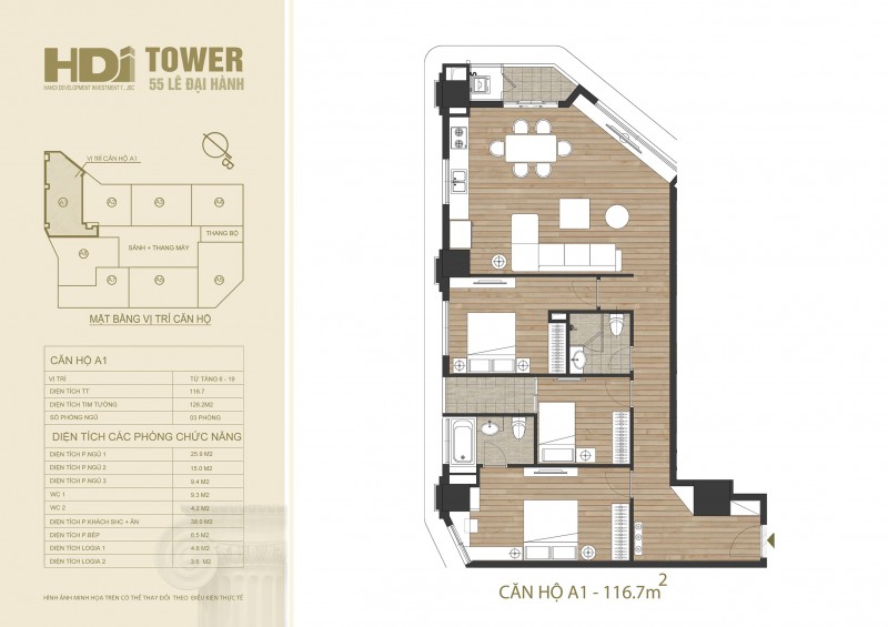 Căn hộ A1 có diện tích là 116.7m2 với số lượng căn hộ là 10.