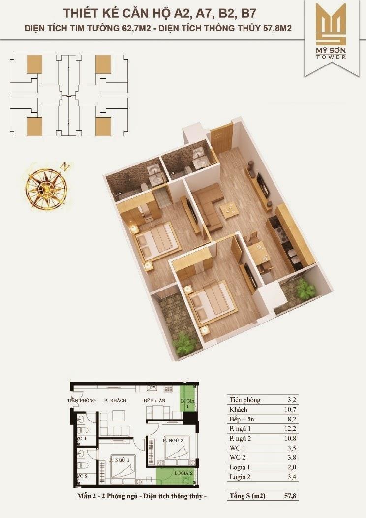  Thiết kế căn hộ A2, A7, B2, B7, diện tích thông thủy 57.8m2, diện tích tim tường 62.7m2