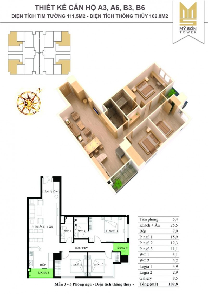 - Thiết kế căn hộ A3, A6, B3, B6, diện tích thông thủy 102.8m2, diện tích tim tường 111.5m2