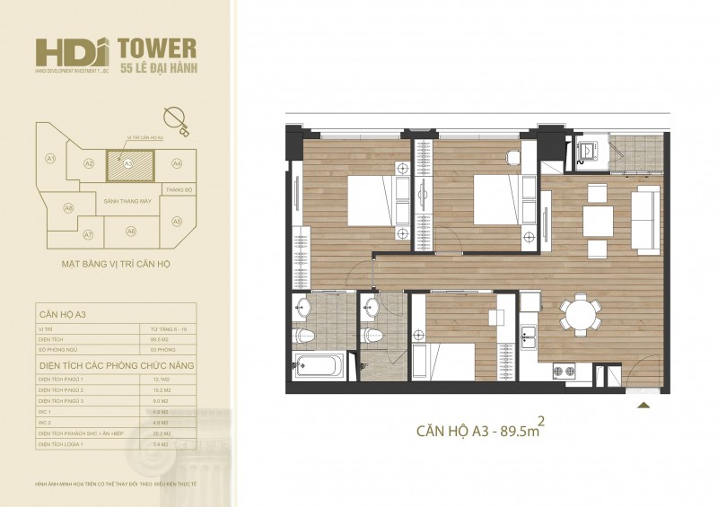 Căn hộ A3 có diện tích là 89.5m2 với số lượng căn hộ là 10.