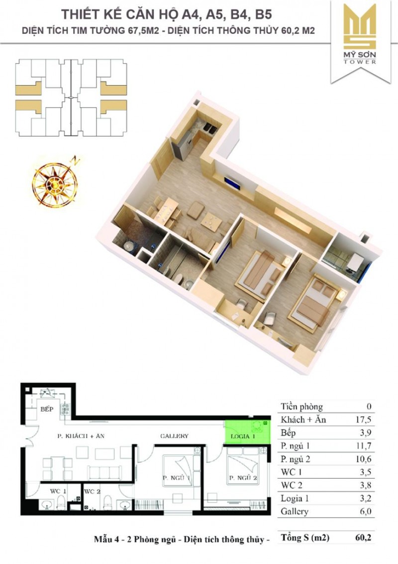 - Thiết kế căn hộ A4, A5, B4, B5, diện tích thông thủy 60.2m2, diện tích tim tường 67.5m2