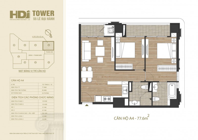 Căn hộ A4 có diện tích là 77.6m2 với số lượng căn hộ là 10.