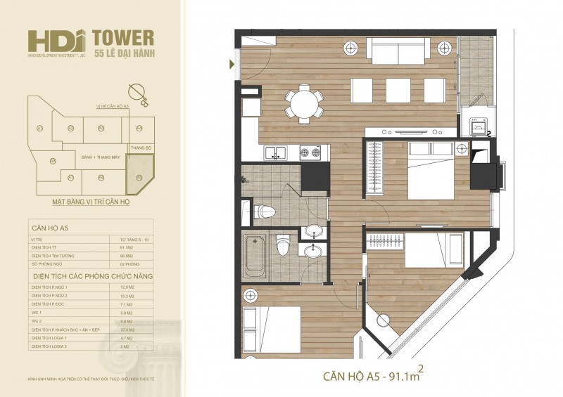  Căn hộ A5 có diện tích là 91,1m2 với số lượng căn hộ là 14.