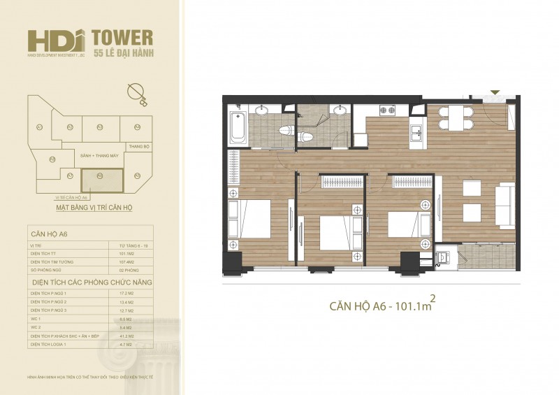 Căn hộ A6 có diện tích là 101.1m2 với số lượng căn hộ là 14.