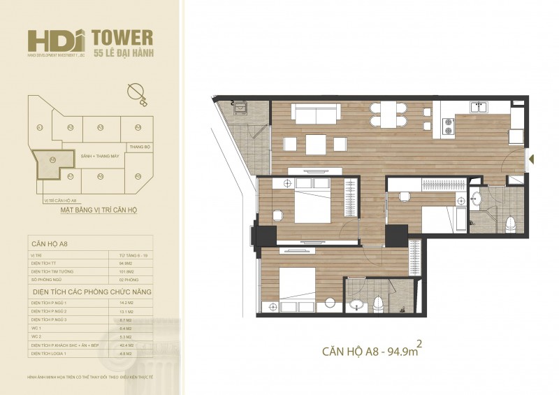 Căn hộ A8 có diện tích là 94,9m2 với số lượng căn hộ là 2.