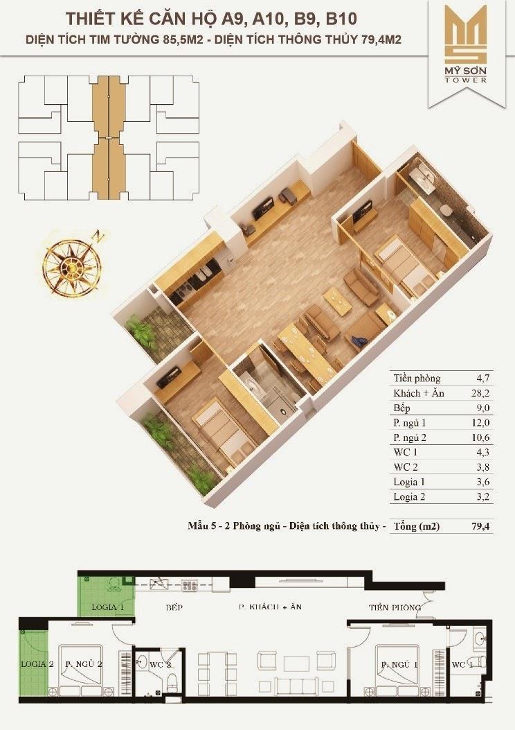 - Thiết kế căn hộ A9, A10, B9, B10, diện tích thông thủy 79.4m2, diện tích tim tường 85.5m2