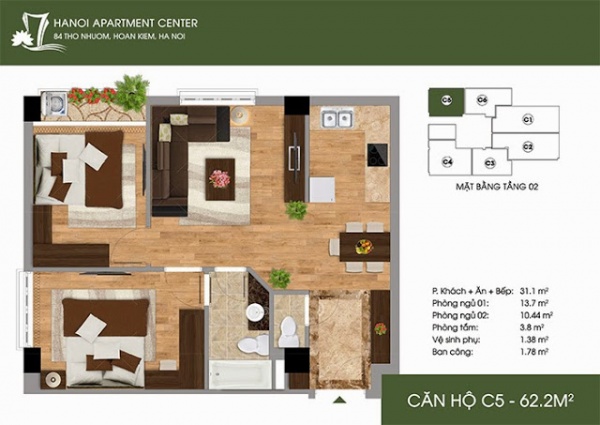  Thiết kế căn hộ C5 – 62.2m2