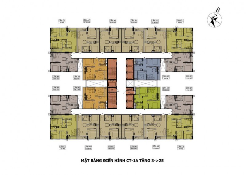 Mặt bằng điển hình CT-1A Tầng 3->25