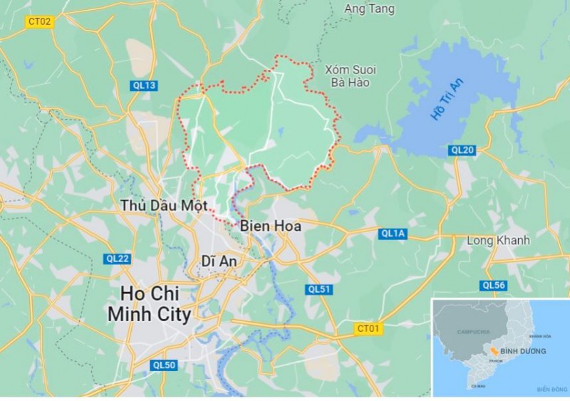 Thành phố Tân Uyên (vùng màu đỏ) thuộc tỉnh Bình Dương. Ảnh: Google Maps.