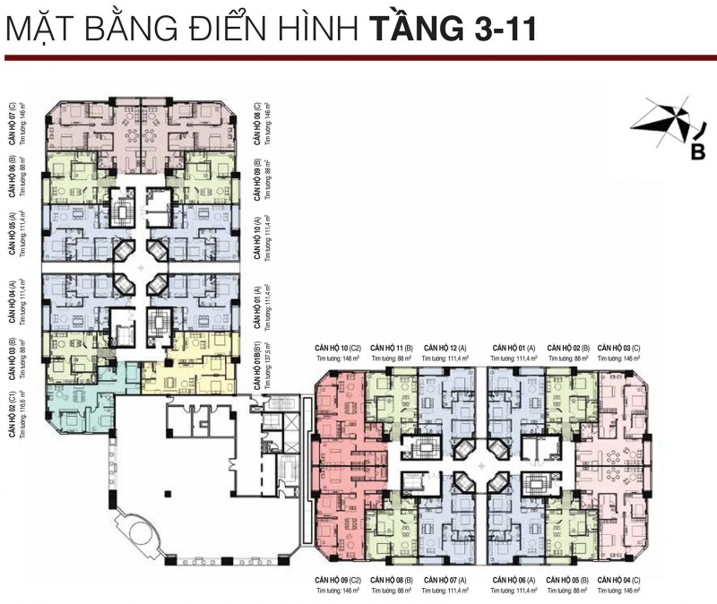 Mặt bằng điển hình tầng 3-11 dự án D’. Le Roi Soleil