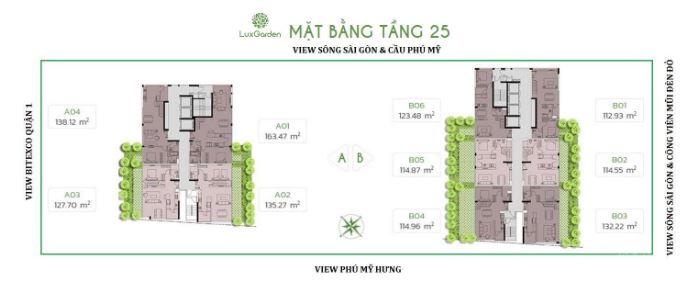 Tầng 25 của Khu căn hộ Lux Garden là loại căn hộ Duplex. Căn hộ thông tầng bao gồm tầng trệt và Tầng lửng. Loại 3 Phòng ngủ với diện tích 114,55m2 - 163,47m2