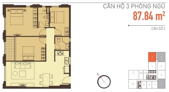 Mặt bằng thiết kế căn hộ số 2 diện tích 87.84m2