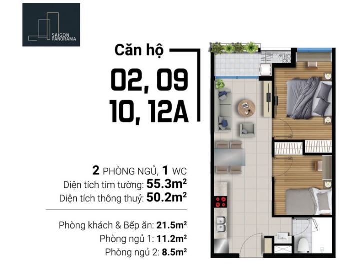 Thiết kế căn hộ diện tích 55.3 m2