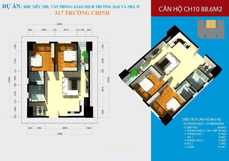 Thiết kế căn hộ CH10- 88.6m2