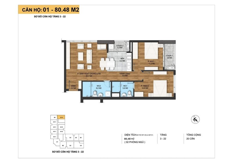 Thiết kế căn hộ 2 phòng ngủ diện tích 80.48 m2