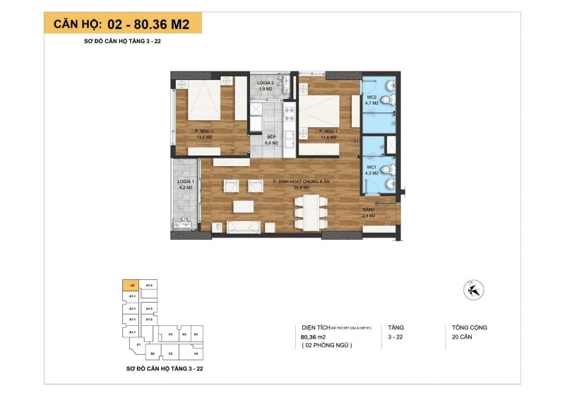 Thiết kế căn hộ 2 phòng ngủ diện tích 80.36 m2