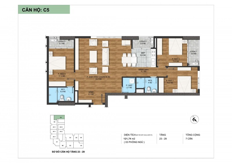 Thiết kế căn hộ 3 phòng ngủ diện tích 121.74 m2