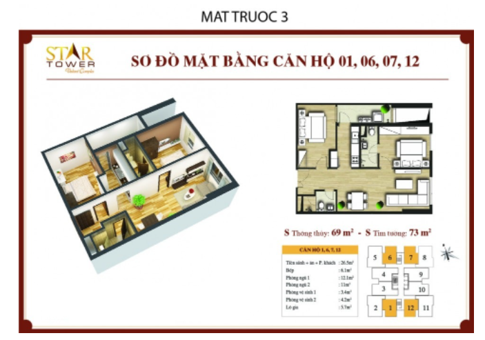 Mặt bằng thiết kế căn hộ 1, 6, 7, 12